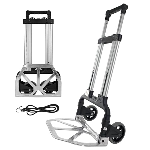 Folding Hand Truck, Portable Heavy Duty Carrying Moving Dolly Cart with 2 Foldable Wheels and Retractable Handle Duty 220lbs (Silver)