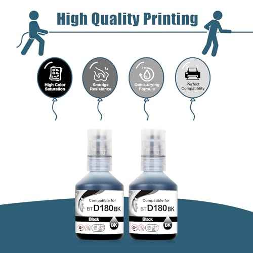 D180 Ink Refill Bottles Black Replacement for Brother BTD180BK Black Ink Bottle Compatible for Brother DCP-T580DW DCP-T583DW DCP-T780DW Printer (2 Black)