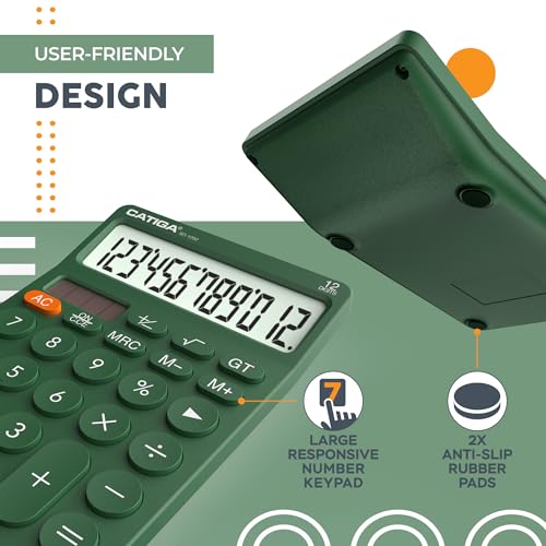 CATIGA Green 12 Digit Desktop Calculator with Large LCD & Big Buttons, Solar & Battery Power