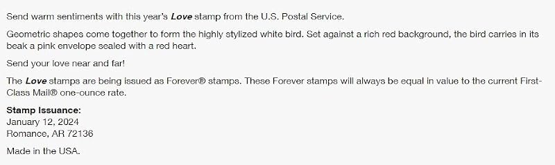 USPS Love 2024 Forever Postage Stamps Sheet of 20 - First-Class Mail