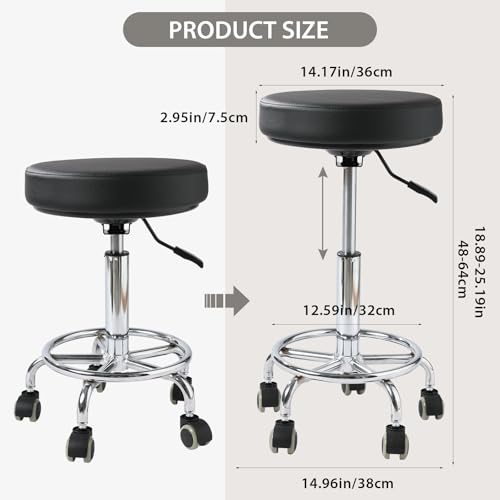 Adjustable Rolling Stool with Wheels Heavy Duty 500lb Round Rolling Stool with Footrest, Patent Leather Drafting Stool Chair with Wheels Work Spa Salon Seat, Black
