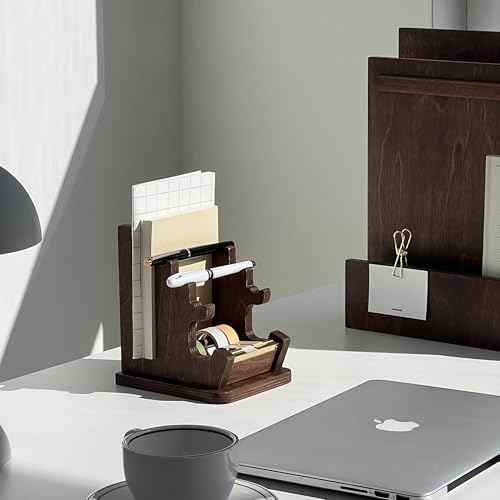 Pen Tray, Masking Tape Dispenser Holder with Note Storage, Walnut Wood (Walnut)