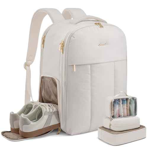 LOVEVOOK Travel Backpack for Women with Shoe Compartment, Puffer Carry on Backpack Flight Approved 40L Personal Item Travel Bag Fits 17inch Laptop, Waterproof Lightweight Bags with 3 Packing Cubes