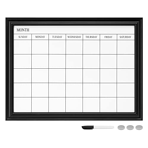 Navaris Framed Calendar Whiteboard for Wall - 18" x 24" Magnetic Dry Erase Monthly Planner - White Board with Frame - Includes Magnets and Marker