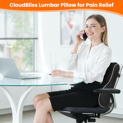 CloudBliss Lumbar Support Pillow for Office Chair - Black, Large Memory Foam