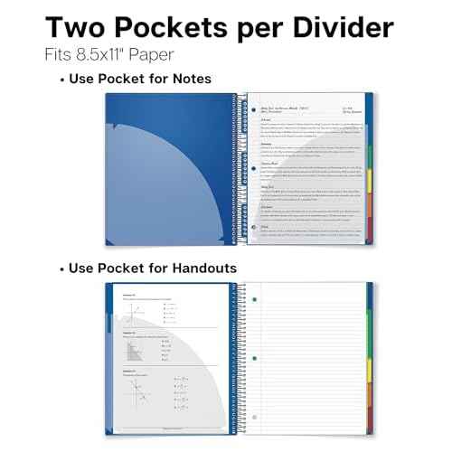 Dunwell 5-Subject Spiral Notebook, College Ruled (Blue), Colorful Movable Pocket Dividers with Tabs, Front/Back Plastic Covers, 200 Sheets (400 Pages) of 3-Hole Punch Perforated 8.5x11 Paper