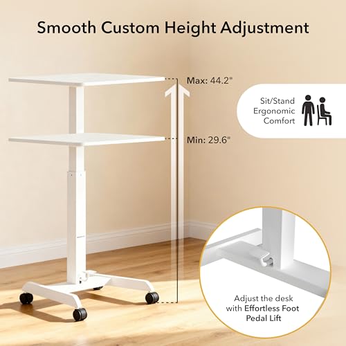 Mount-It! White Adjustable Rolling Laptop Desk – 29.6–44.2" Height, 23.6" x 20.5" Desktop, Mobile Standing Desk