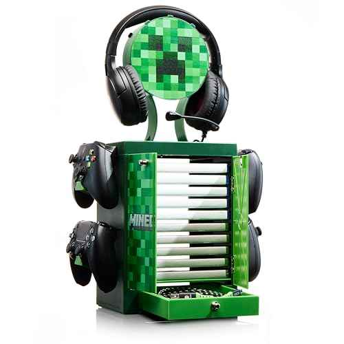 Numskull Official Minecraft Gaming Accessory Locker & Storage Stand ? Holds 10 Games/DVDs, 4 Controllers, Headset, and Accessories ? Durable & Compact Organizer ? Official Minecraft Merchandise