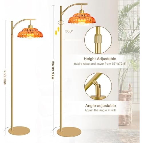 Glass Floor Lamp for Living Room, Standing Lamp with Remote, Dimmable Tall Lamps with Orange Glass Shape, Mid Century Modern Floor Lamps for Bedroom, 12W LED Bulb Included