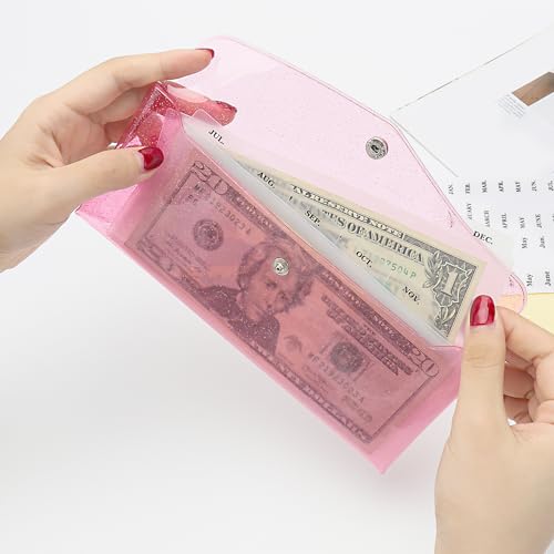 Pink Cash Envelope Wallet Budgeting System PVC Reusable Organizer with 6-Tab Dividers