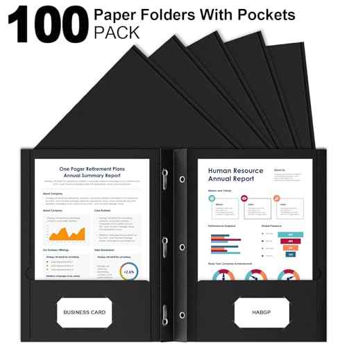 HABGP 100 Pack Black Two Pocket Folder with Prongs, Paper Folders with Pockets and Business Card Holder, Folders with Pocket Fit Letter Size, Organizing Papers in School, Office & Business Black