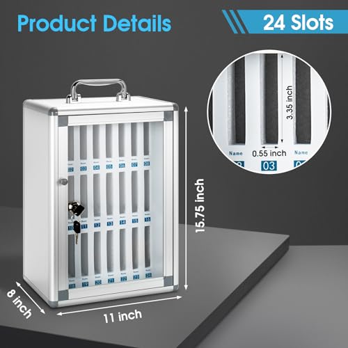 Cell Phone Locker for Classroom, 24 Slots Portable Phone Holder Box, Wall Mount Phone Box with Security Lock, Lightweight Phone Storage Organizer Cabinet, Pocket Chart Storage (Silver)