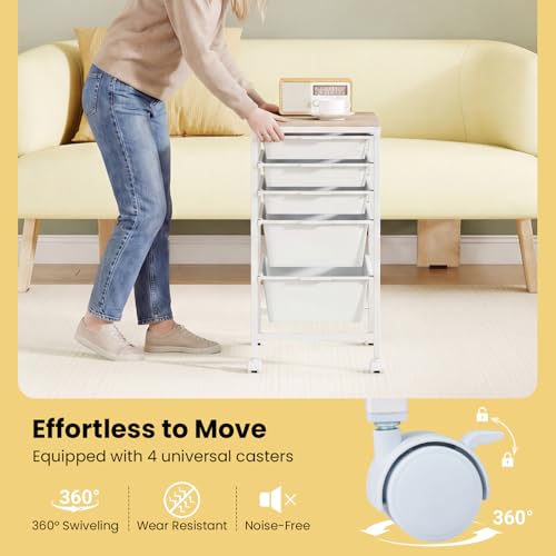 COSTWAY Rolling Storage Cart with 5 White Drawers, Wooden Top