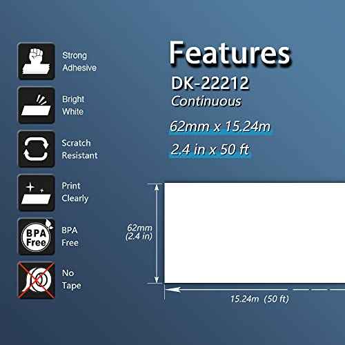 BETCKEY - Compatible Continuous Film Labels Replacement for Brother DK-2212 (2.4 in x 50 ft), Use with Brother QL Label Printers [10 Rolls + 2 Reusable Cartridges]