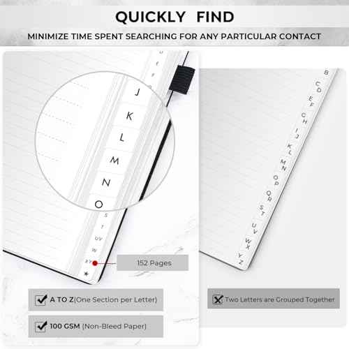 Address Book with Alphabetical Tabs, Hardcover Large Print Telephone and Address Book for Keeping Contacts Safe with Space for Important Website Passwords and Back Pocket 5'' x 7.6'' (Black)