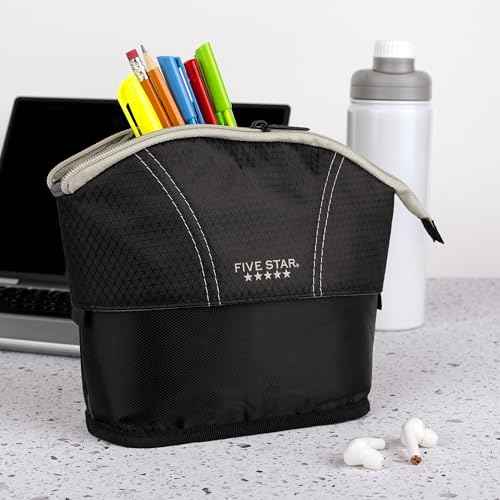Five Star Pencil Pouch, Pen Case, Quick View Expandable Zipper Pouch, Storage Organizer for School Supplies Earbuds Chargers Cables Makeup, Black/Grey (507610A-ECM)