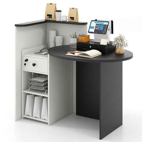 Reception Desk, 48¡¯¡¯ Retail Counter w/Lockable Drawer & Storage Shelf, L-Shaped Reception Table, Wooden Computer Desk for Salon, Restaurant, Office (Black & White)