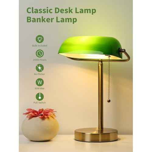 Newrays Traditional Green Glass Bankers Desk Lamp with Pull Chain Switch Plug in Fixture,LED Bulb Included