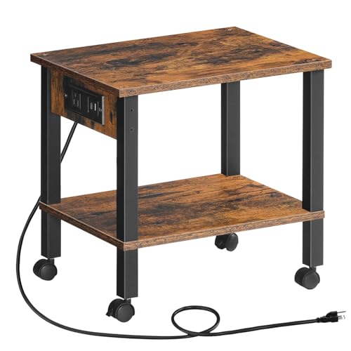 HOOBRO 15"L x 11"W x 15"H Rustic Brown & Black 2-Tier Printer Stand with Charging Station
