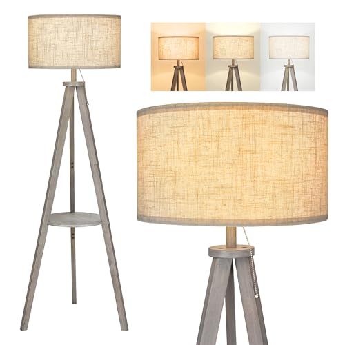 ELYONA Tripod Floor Lamp with 3 Color Temperatures LED Blub, Wood Floor Lamp with Table - Farmhouse Tall Reading Standing Light for Living Room, Bedroom, Office, Study Room, Pull Chain Controls, Grey