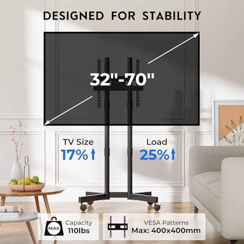 BONTEC Rolling TV Stand for 32-70 Inch TVs, Height Adjustable Mobile TV Cart on Wheels, Heavy Duty TV Stand Supports Up to 110lbs, Stable Dual-Column Design, Cable Management, Indoor, Outdoor