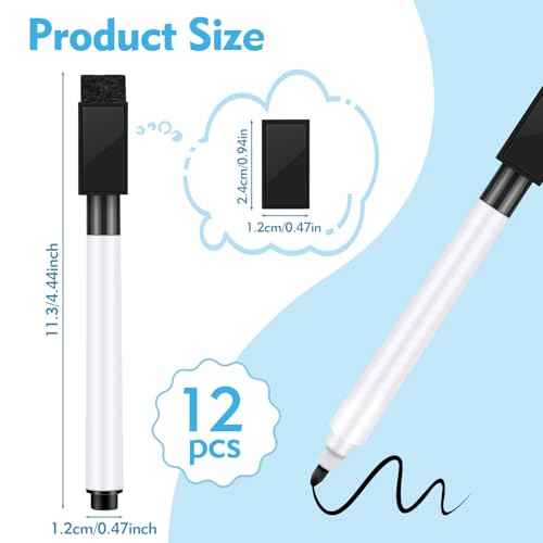 12 Pcs Black Dry Erase Markers, Whiteboard Dry Erase Markers Fine Tip Small Magnetic Dry Erase Marker with Eraser Cap for School, Home, Office Supplies