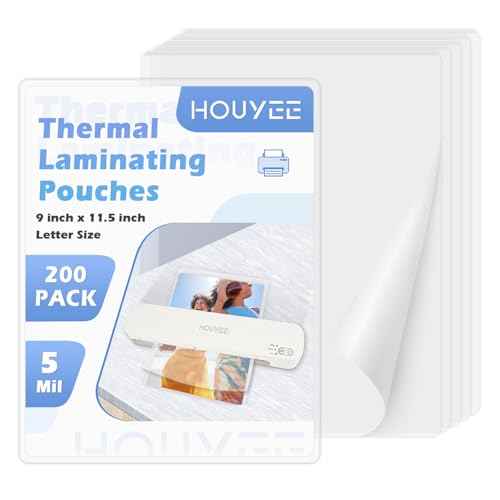 HOUYEE 200 Pack 5 Mil Thermal Laminating Sheets, Hold 8.5 x 11 Inch Sheets, Ultra Clear Laminating Pouches, 9 x 11.5 Inch Lamination Sheet Paper for Laminator, Letter Size, Office and School Supplies