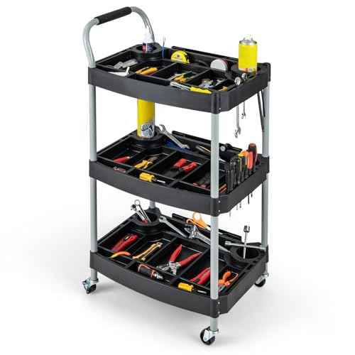 Goplus 3-Tier Rolling Cart, Mobile Tool Cart with Built-in Organizer Divider, Universal Lockable Wheels, Sponged Handle, Utility Cart for Home Garage Workshop (23.5" x 18" x 42")