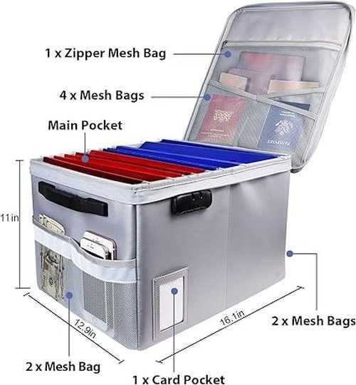 2 Pack Fireproof Document Box File Organizer, Fireproof File Cabinet Box with Lock, Portable Office Safe Box for Hanging Letter/Legal Folder 16.1 x 12.9 x 11inch (Black Silver)