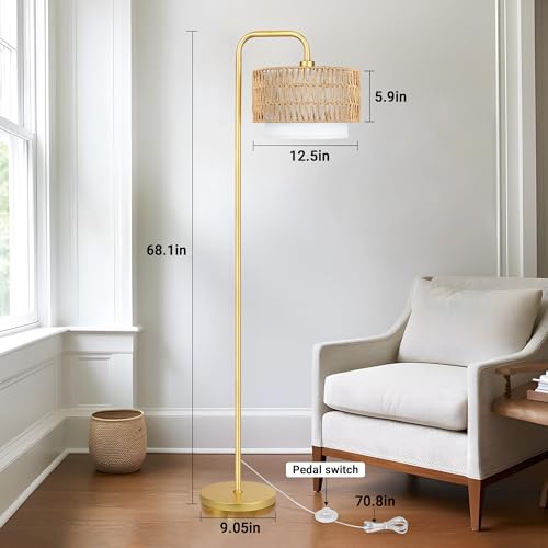PARTPHONER Gold Floor Lamp for Living Room, Farmhouse Tall Lamp with 3 Color Temperatures Remote & Dimmable Bulb, Boho Lamp Rattan and Fabric Shades Bedroom Study Room Office Hotel
