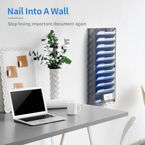 OUTWOLF 12-Pocket Hanging Wall File Organizer with Hooks - Vertical Wall Mount Office Storage