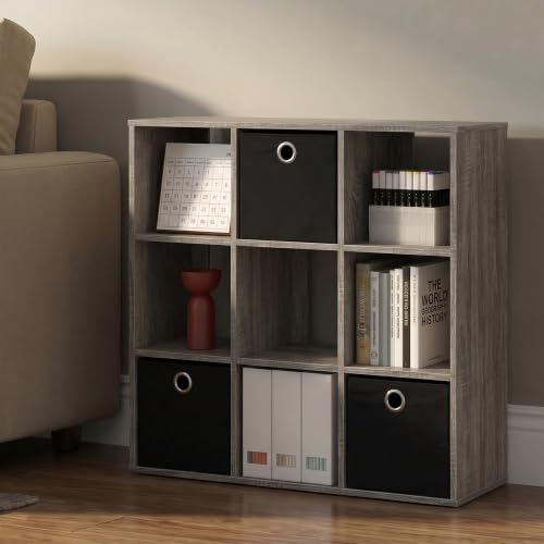 Furinno 9-Cube Storage Organizer with Bins in French Oak Grey, Space-Saving Bookcase