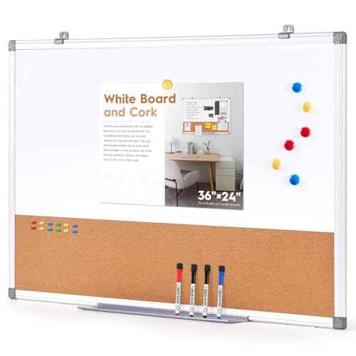 S SWANCROWN Magnetic Dry Erase and Cork Board Combo Hanging Whiteboard Notice Board for Wall Gift Home School Office, 36 x 24 Inches, with Maker/Pins/PenTray/Hooks