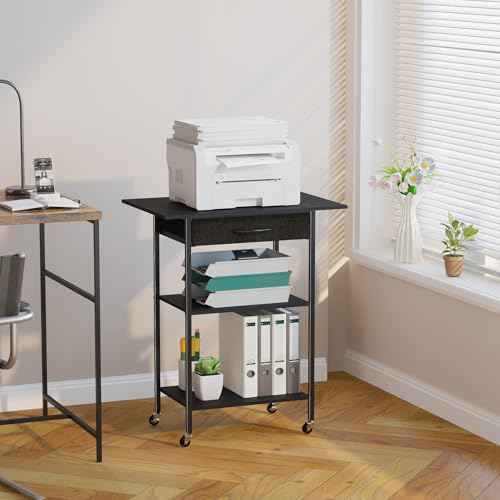 3-Tier Printer Stand, Printer Table with Fabric Drawer, Industrial Printer Storage Cart with Wheels, Rolling Printer Stand for Heat Press Scanner Fax, Black