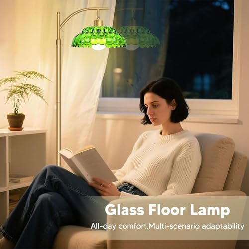 Dimmable Glass Floor Lamp, Mid Century Standing Lamp with Green Glass Shape, Modern Tall Lamp with Remote, Standing Floor Lamps for Living Room, 12W LED Bulb Included
