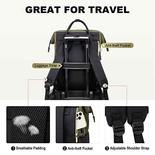 LOVEVOOK Laptop Backpack for Women, 17-inch Large Capacity Fashion Work Computer Backpacks, Travel Business Bags Purse, Teacher Doctor Nurse Backpack with USB Port, Army Green-Black