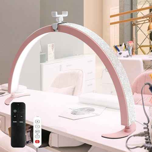 BQAN Half Moon Light for Nail Desk, 29" 40W Professional Nails Table Tech Lamp with Phone Holder & Controller & Remote, Rhinestone Lash Light for Eyelash Tech, Makeup, Tattoo, Spa, Salon(Pink)