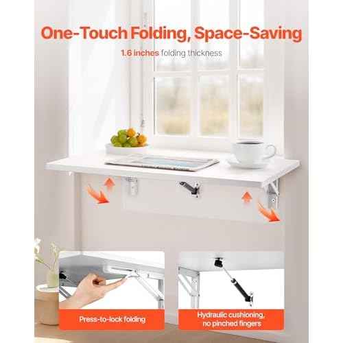 VEVOR Wall Mounted Folding Table, 23.6 x 15.7 inches Wall Mount Table, Floating Desk with Iron Bracket for Small Spaces, Home Office, Dining, Laundry Room, Kitchen, Bar, White