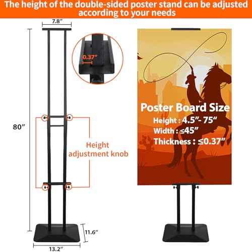 Poster Stand Heavy Duty - Double-Sided Pedestal Poster Stands for Display, Adjustable Metal Poster Board Stand Height Up to 80", Outdoor Floor Standing Sign Holder for Banner Foam, 1 Pack
