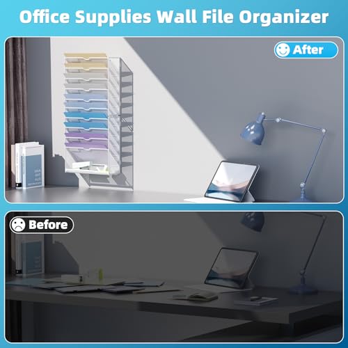Marbrasse Wall File Holder 11-Tier Hanging Wall File Organizer, for Papers, Files Clipboard & Magazine Organizer, Wall Mount File Holder Great for Office Home (White)
