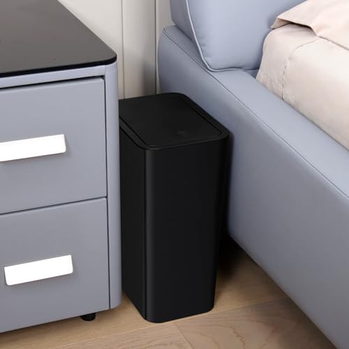 TIPGO 1 Pack Black Small Trash Can with Lid - 10L Slim Waste Basket for Kitchen, Bedroom, Office