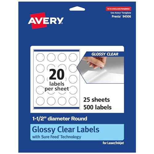 Avery Glossy Clear Round Labels with Sure Feed, 1.5" Diameter, 500 Glossy Clear Labels, Print-to-The-Edge, Laser/Inkjet Printable