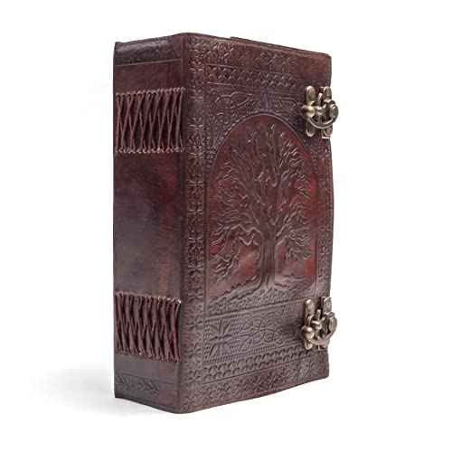 TUZECH 600 Pages Handmade Large Leather Journal Diary Embossed Tree of Life Book Of Shadows Notebook Writing Seven Chakra Grimoire Sketchbook 7 x 10 Leather Bound (Brown)