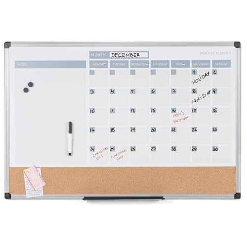 MasterVision Magnetic Dry Erase Monthly Calendar Planner Push Pin Corkboard Combo with Marker Tray, 24" x 36", Gray Plastic Frame, White, MB0707186P