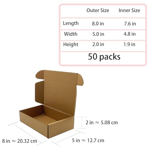 KIAECHWU 8x5x2 Inch Brown Corrugated Shipping Boxes 50 Pack - Eco-Friendly Mailers for E-Commerce