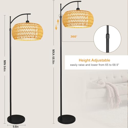 ZECOXOL Yellow Rattan Boho Floor Lamp with Remote & Dimmable LED, 12 Inch Shade