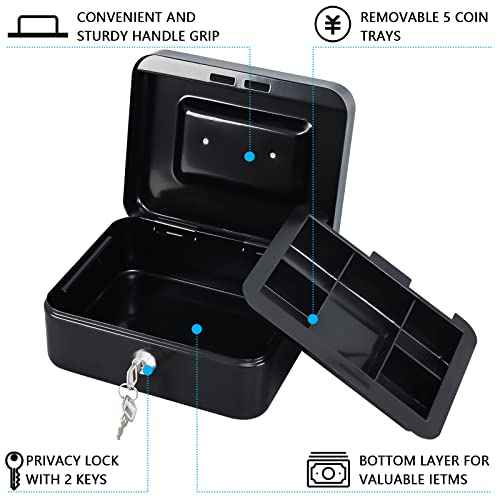 Kyodoled Medium Cash Box with Money Tray,Small Safe Lock Box with Key,Cash Drawer,7.87"x 6.30"x 3.54" Black Medium