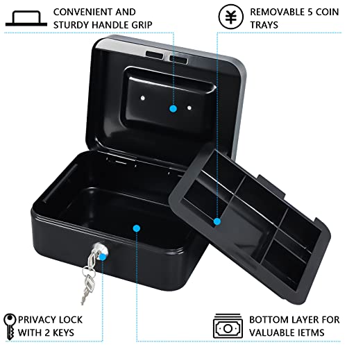 KYODOLED Black Medium Metal Lock Box with 2 Keys - Portable Cash & Medication Safe
