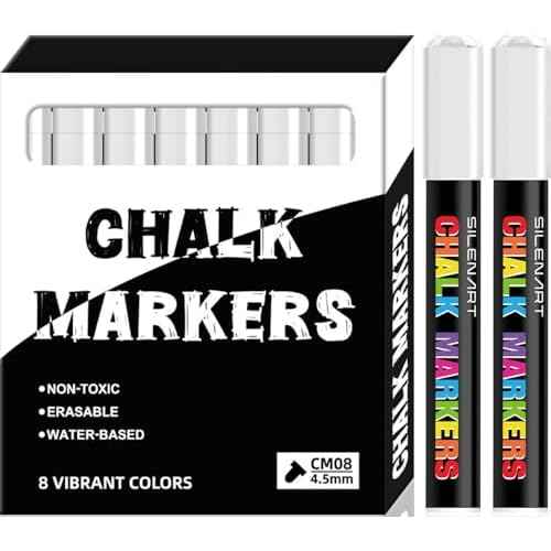 SILENART White Chalk Markers - 8 Pack - Liquid Chalk Markers for Blackboard Chalk Board Windows Glass Acrylic Calendar Board - Erasable Chalk Marker - White