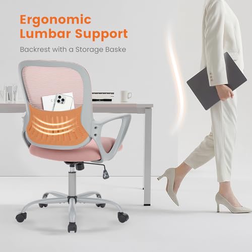 Sweetcrispy Office Computer Desk Managerial Executive Chair, Ergonomic Mid-Back Mesh Rolling Work Swivel Chairs with Wheels, Comfortable Lumbar Support, Comfy Arms for Home,Bedroom,Study,Student,Pink